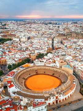Aerial view of Seville Bullring, Spain, surrounded by cityscape.