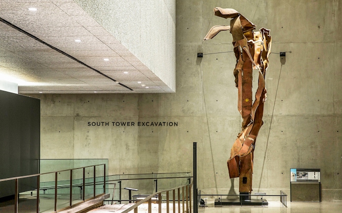 Twisted steel beam from South Tower excavation at 9/11 Museum.
