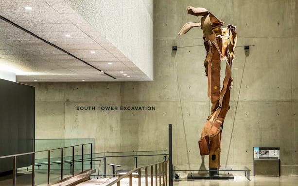 Twisted steel beam from South Tower excavation at 9/11 Museum.