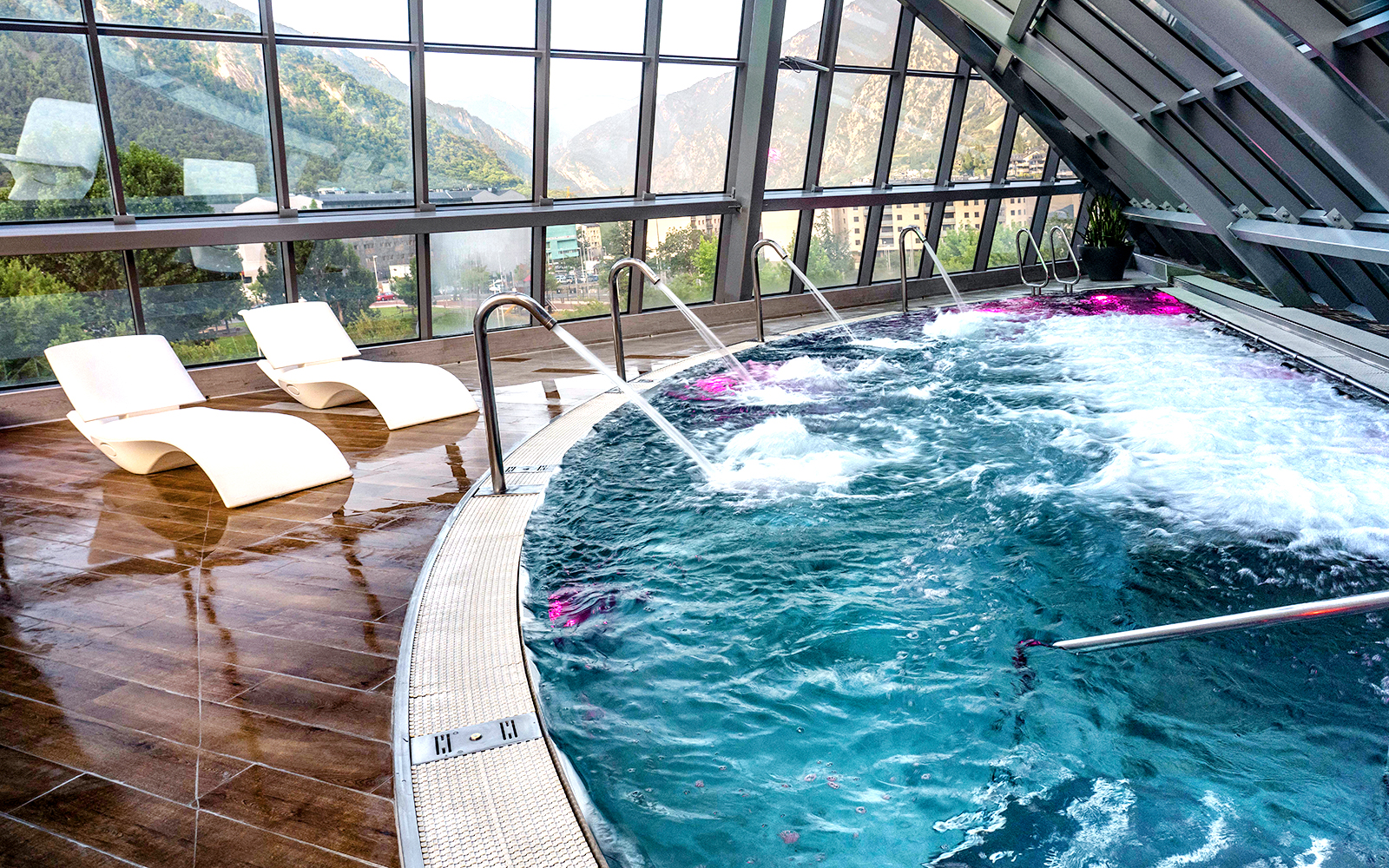 Caldea spa pool with mountain view, Andorra, showcasing Caldea Classic Entry experience.