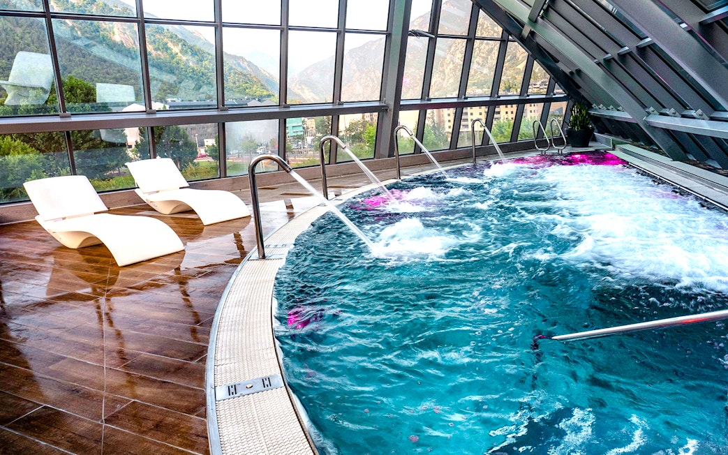 Caldea spa pool with mountain view, Andorra, showcasing Caldea Classic Entry experience.