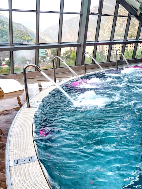 Caldea spa pool with mountain view, Andorra, showcasing Caldea Classic Entry experience.
