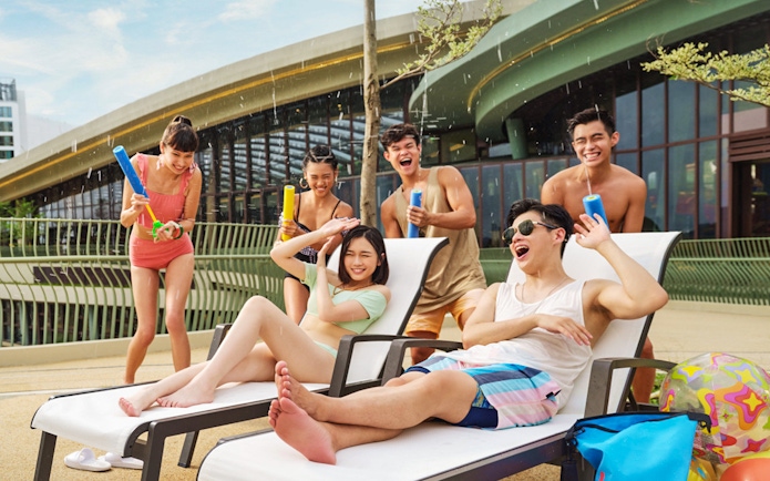 Group enjoying water play at Ocean Park with FasTrack tickets.