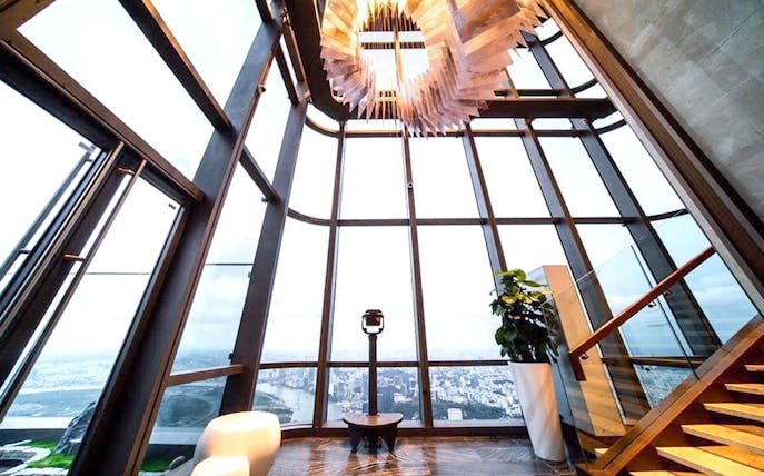 Saigon Skydeck view from Bitexco Financial Tower, overlooking Ho Chi Minh City.