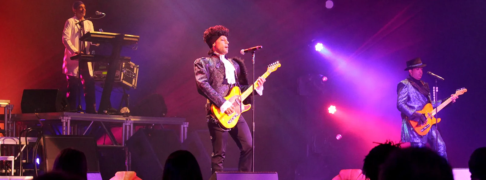 Musicians performing on stage during the Purple Reign tribute show.