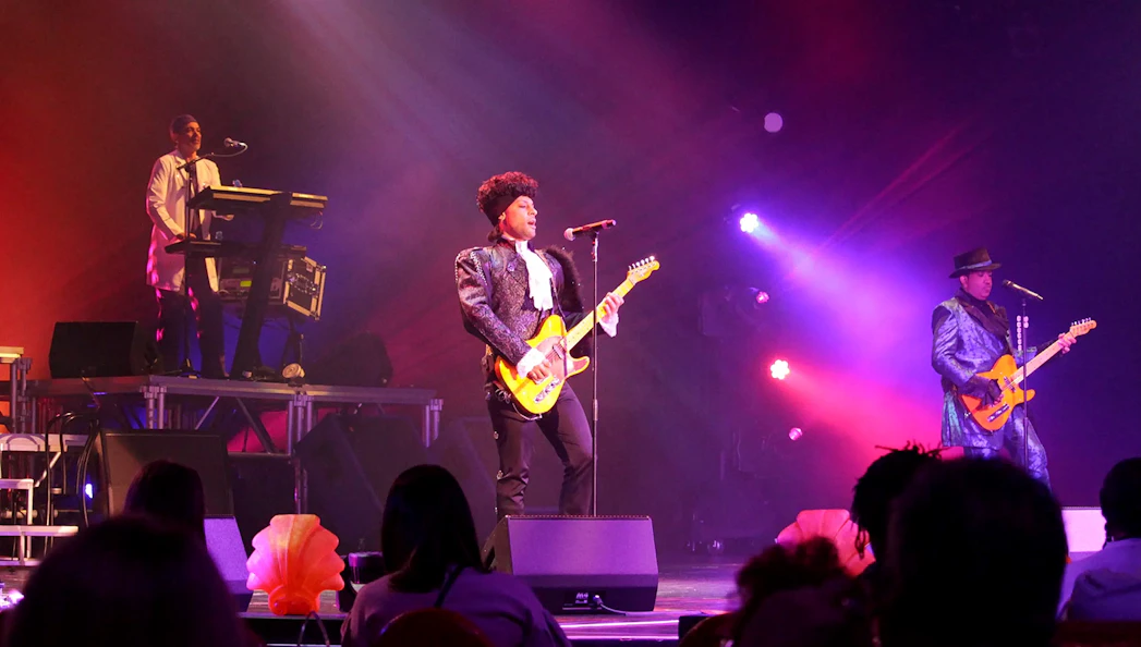 Musicians performing on stage during the Purple Reign tribute show.