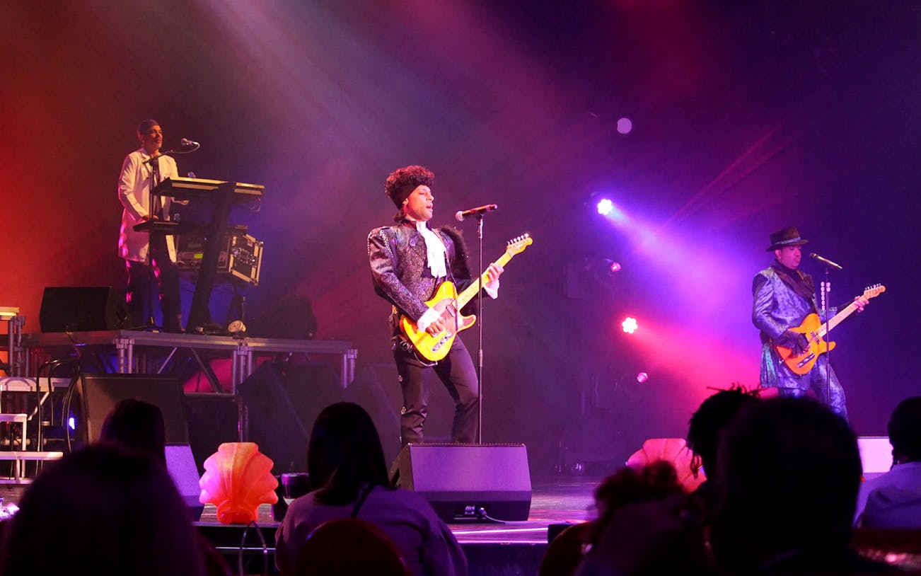 Musicians performing on stage during the Purple Reign tribute show.
