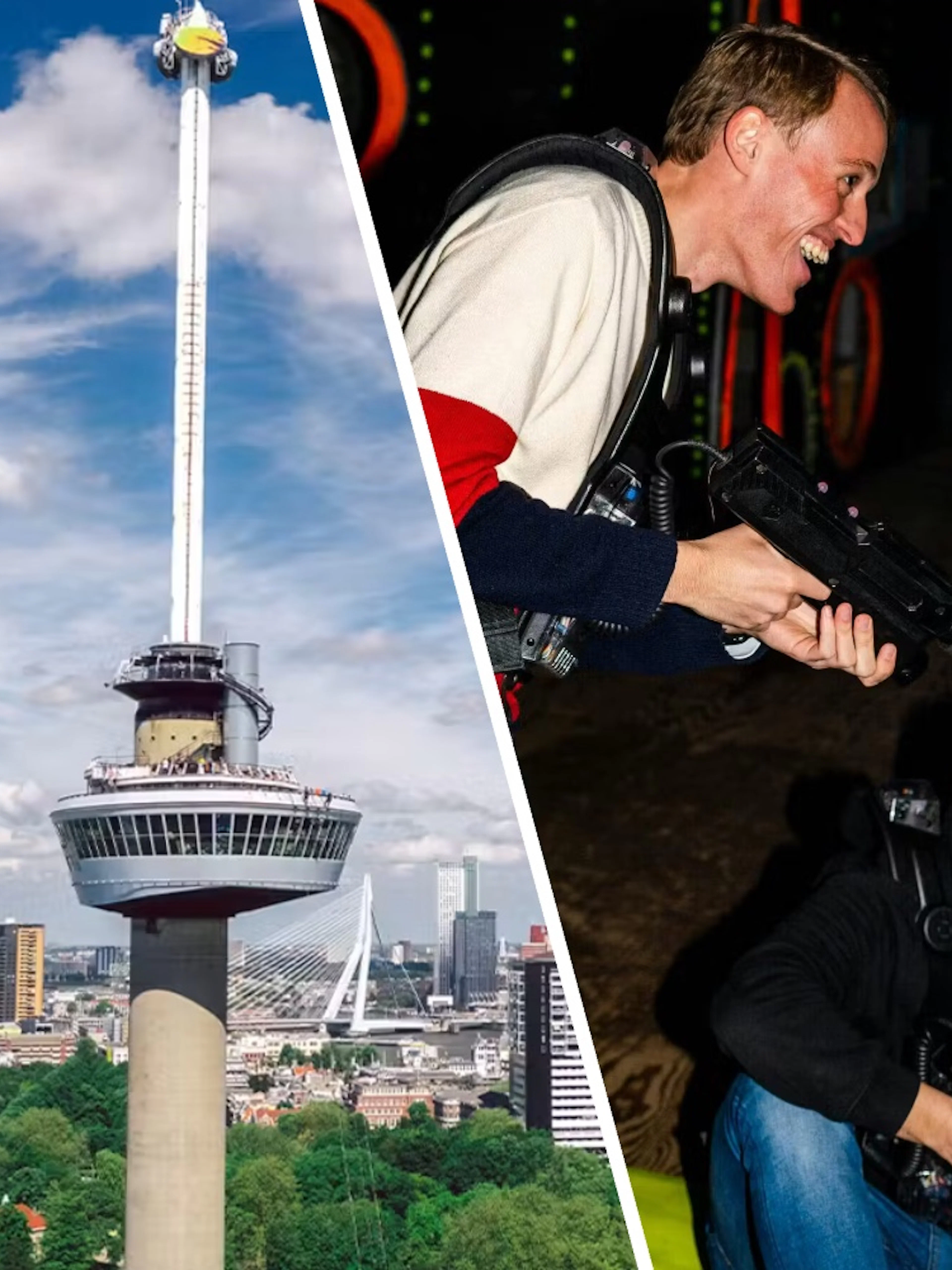 Euromast tower in Rotterdam and people playing laser tag indoors.