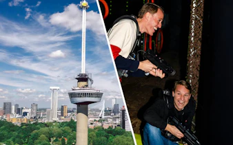 Euromast tower in Rotterdam and people playing laser tag indoors.