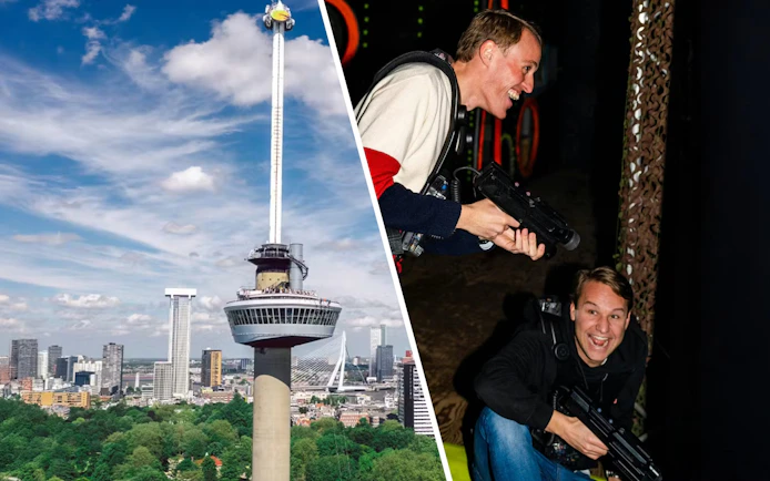 Euromast tower in Rotterdam and people playing laser tag indoors.
