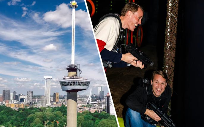 Euromast tower in Rotterdam and people playing laser tag indoors.