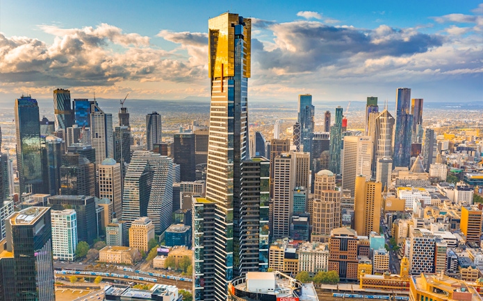 Melbourne city skyline with prominent skyscrapers, view from Skydeck.