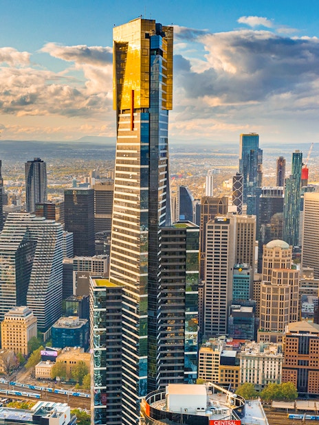 Melbourne city skyline with prominent skyscrapers, view from Skydeck.