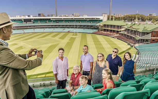 Sydney Cricket Ground with guided tour group exploring historic sports venue in Sydney, Australia.