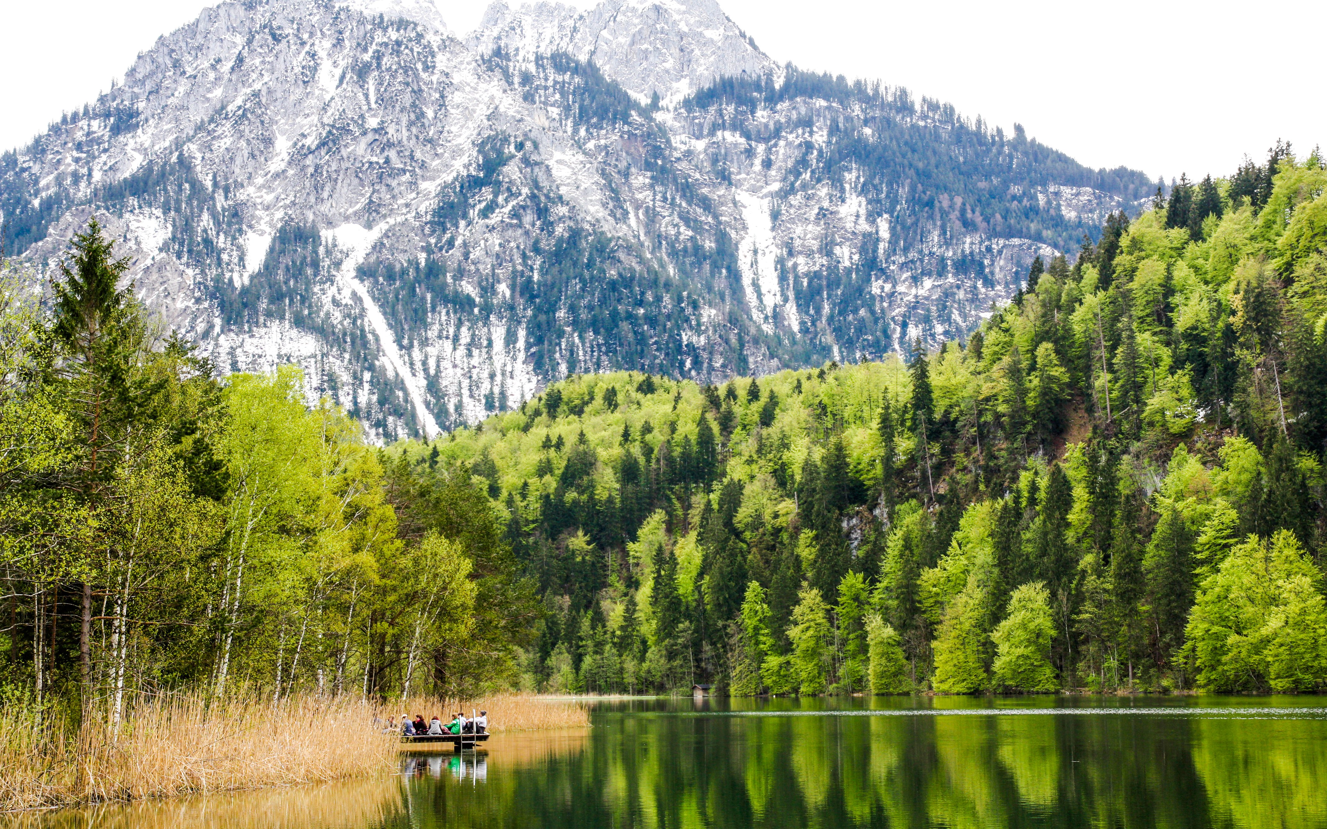 People on a dock at Schwansee Park with forest and mountain backdrop.