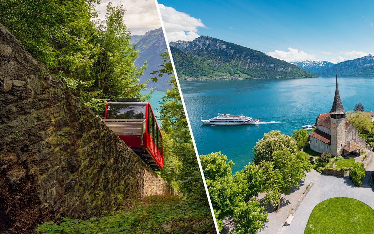 Harder Kulm funicular ascending through forest and boat on Lake Thun near church.