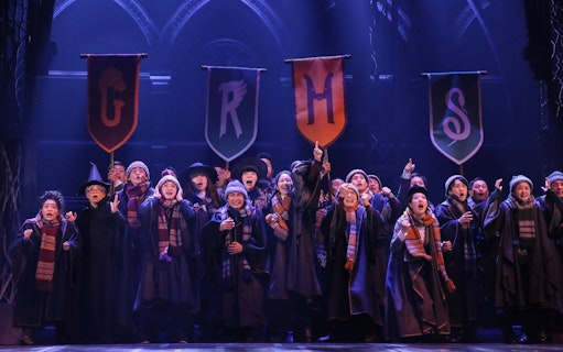 Enthusiastic cast performing in Harry Potter and the Cursed Child, holding house banners on stage.