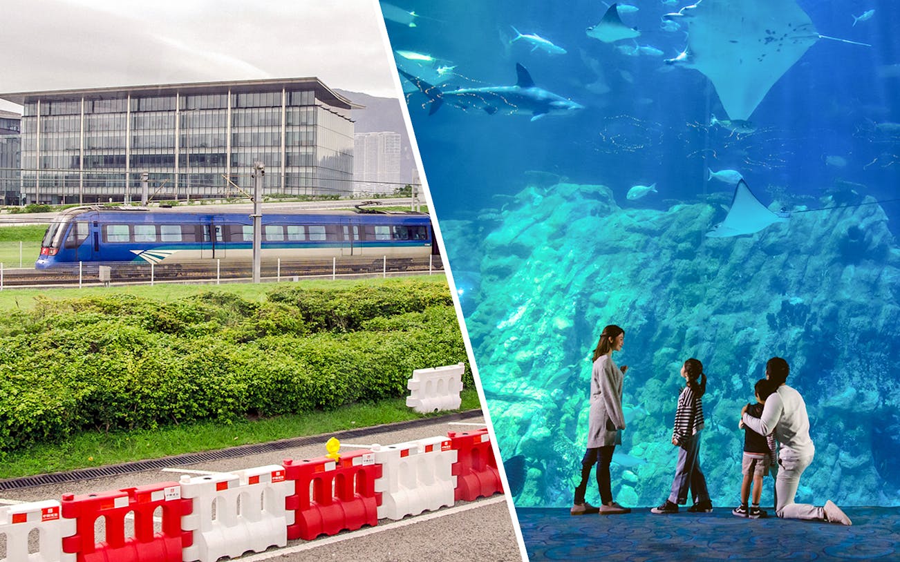Airport Express train in Hong Kong and family viewing marine life at Ocean Park Hong Kong.