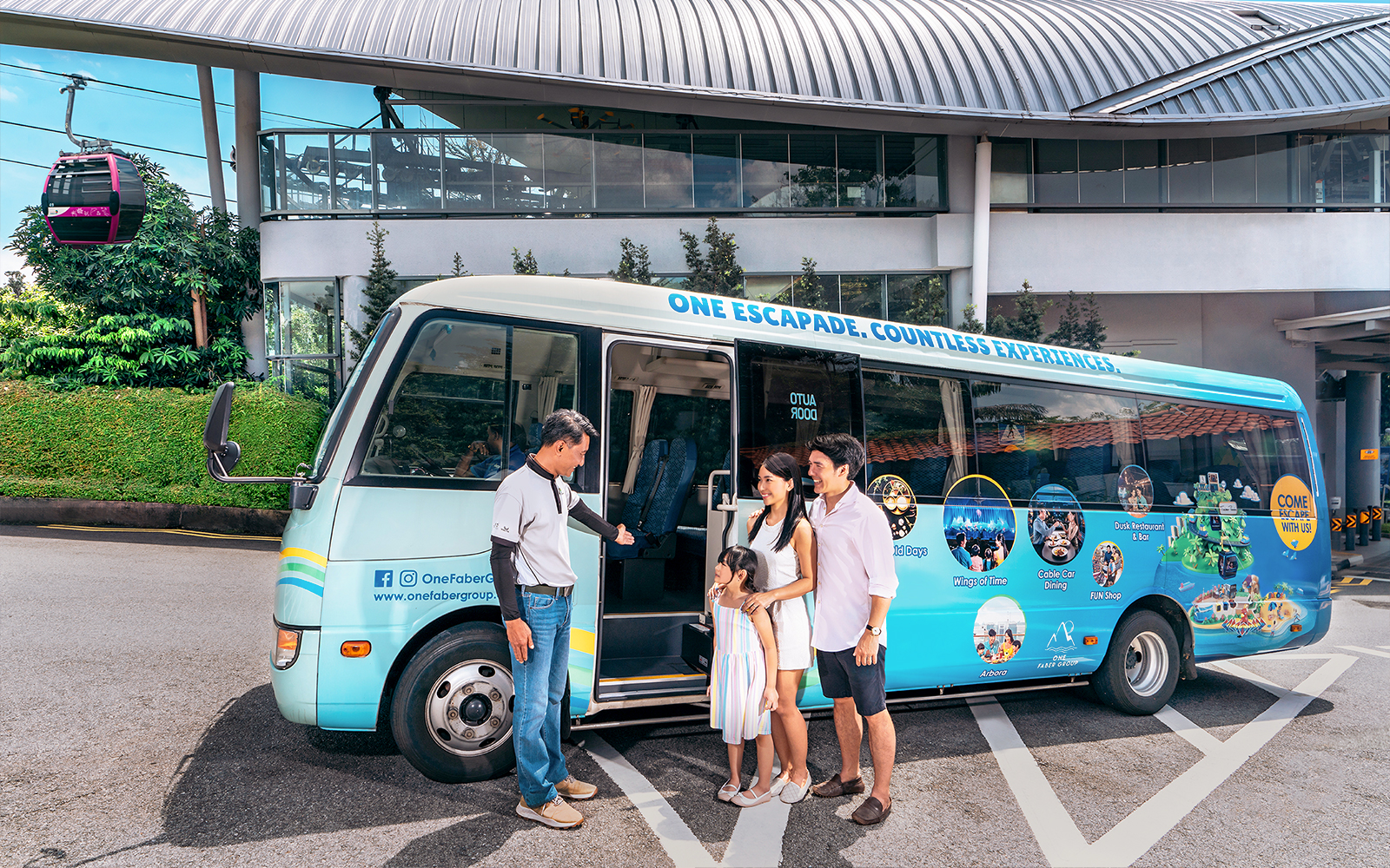 Family boarding tour bus at Singapore cable car station.
