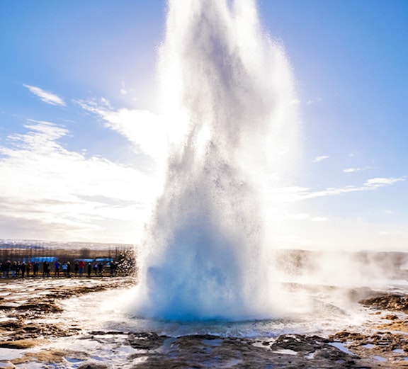 Geyser eruption at Strokkur on Reykjavik to Golden Circle tour, Iceland.