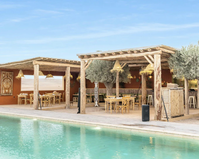 From Marrakesh: Sunset Agafay Desert Luxury Camp Experience with 3-Course Dinner, Pool Access & Dinner Show
