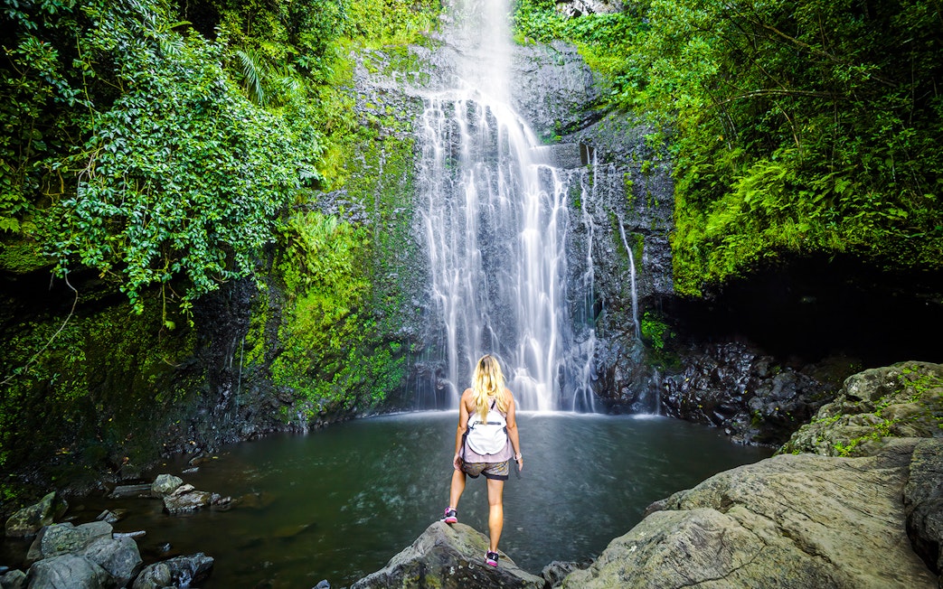 Person standing by a waterfall on Hana Highway, Maui, Hawaii.