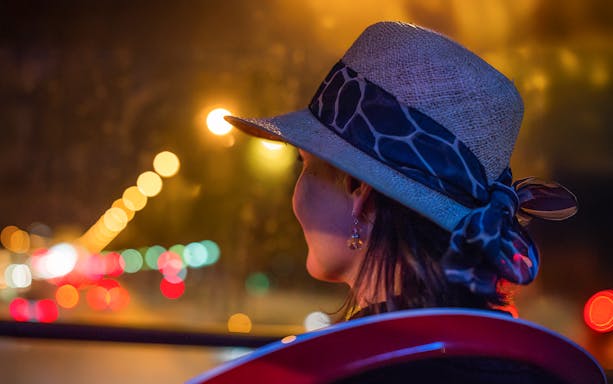 Woman enjoying Los Angeles Christmas lights tour at night.