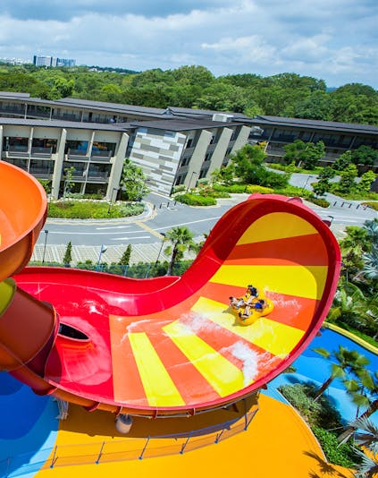 Water slides and wave pool at Wild Wild Wet water park, Singapore.