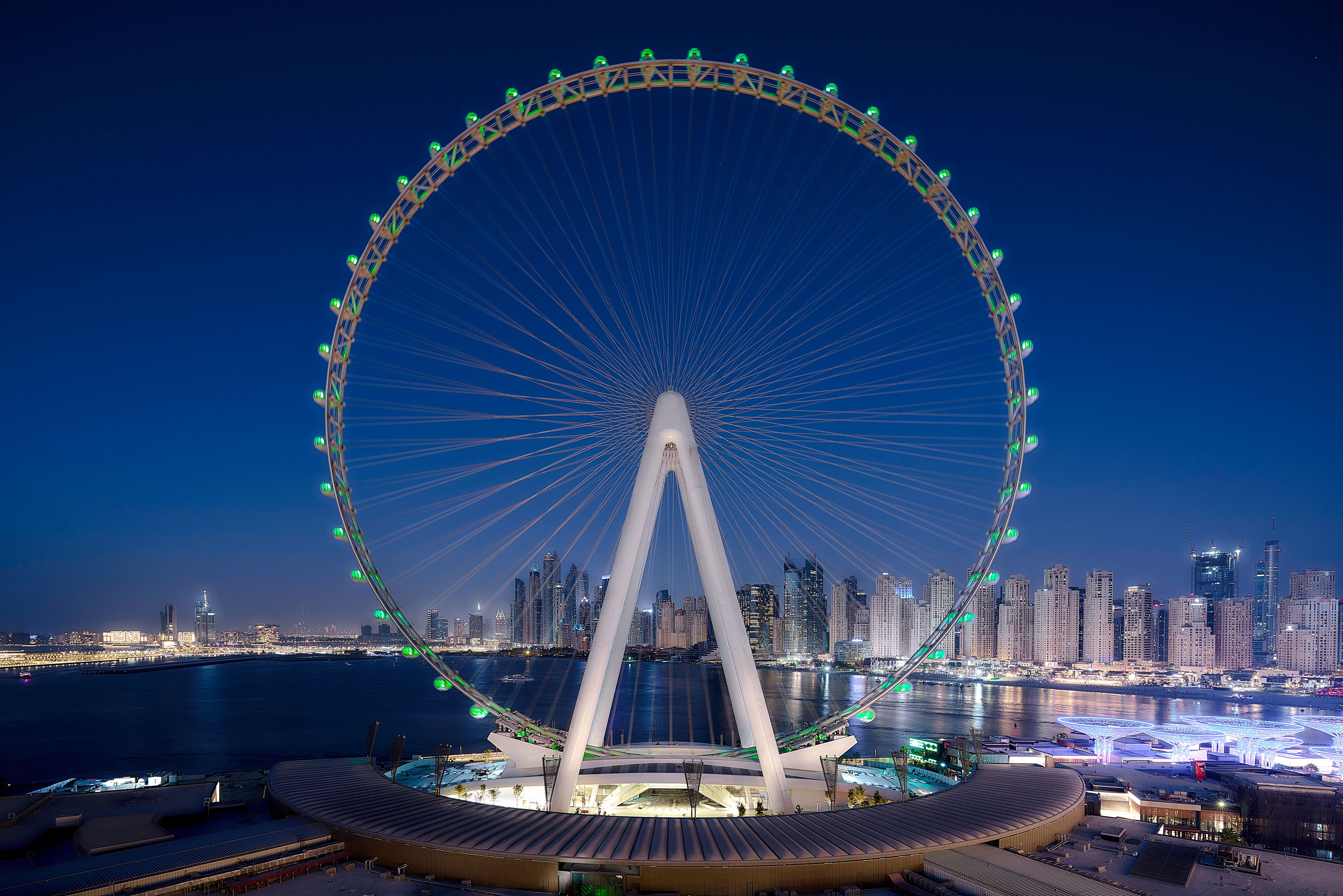 Ain Dubai illuminated at night with city skyline in the background.