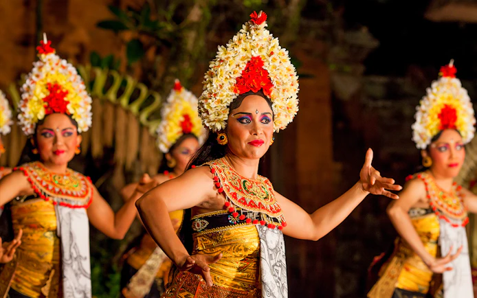 Dancers performing Legong dance at Ubud Palace, Bali.