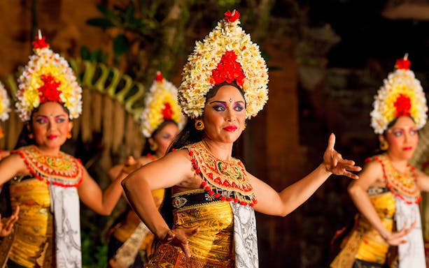 Dancers performing Legong dance at Ubud Palace, Bali.