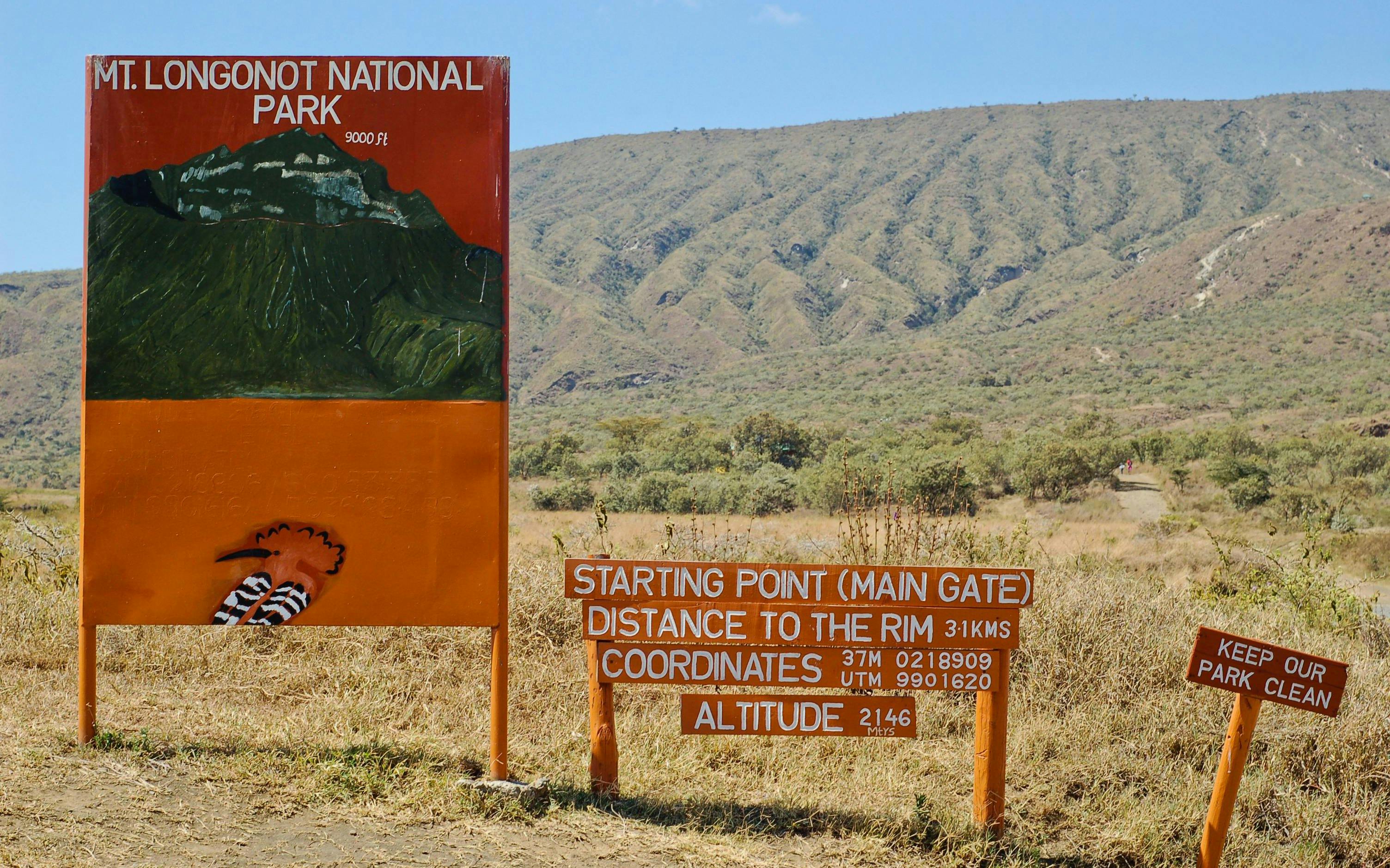 Mount Longonot National Park signpost with trail information, Nairobi, Kenya.