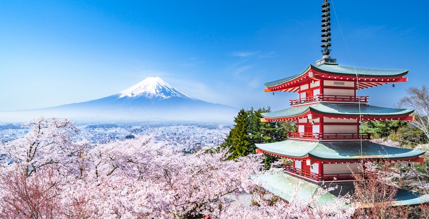 Pagoda with cherry blossoms and Mt. Fuji view from Arakurayama Sengen Park, Japan.