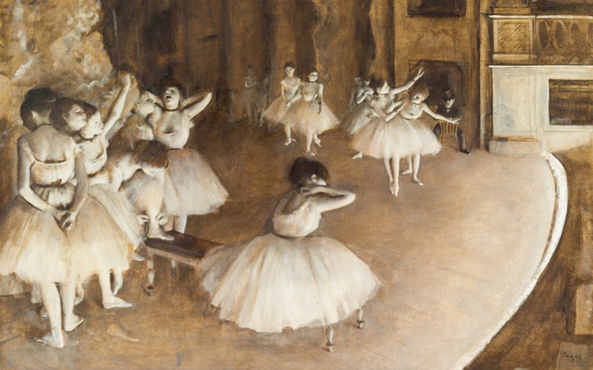 Ballet dancers rehearsing on stage, Orsay Museum temporary exhibition.