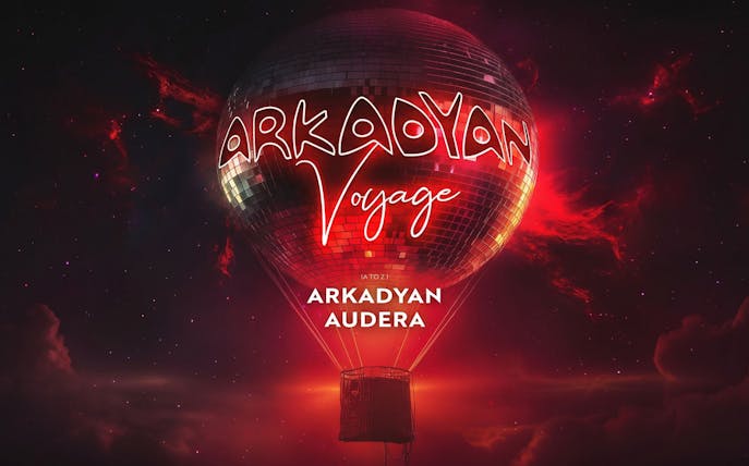Disco ball hot air balloon with "Arkadyan Voyage" text, Lio Ibiza event.