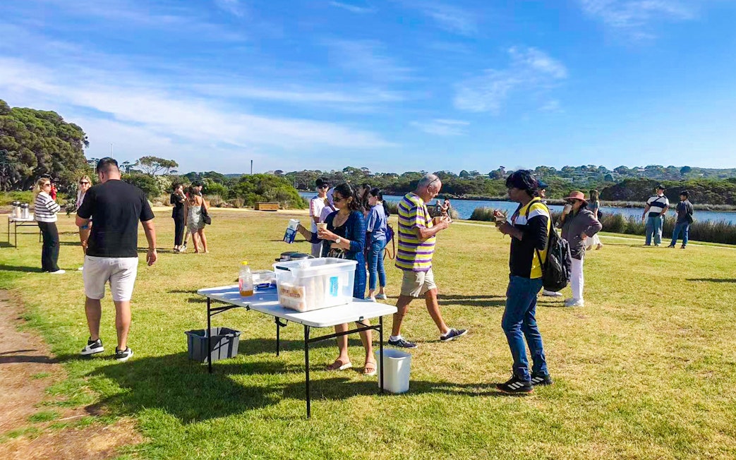 Visitors enjoying morning tea on the Great Ocean Road tour near Melbourne.