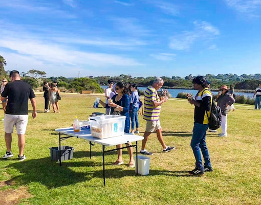 Visitors enjoying morning tea on the Great Ocean Road tour near Melbourne.
