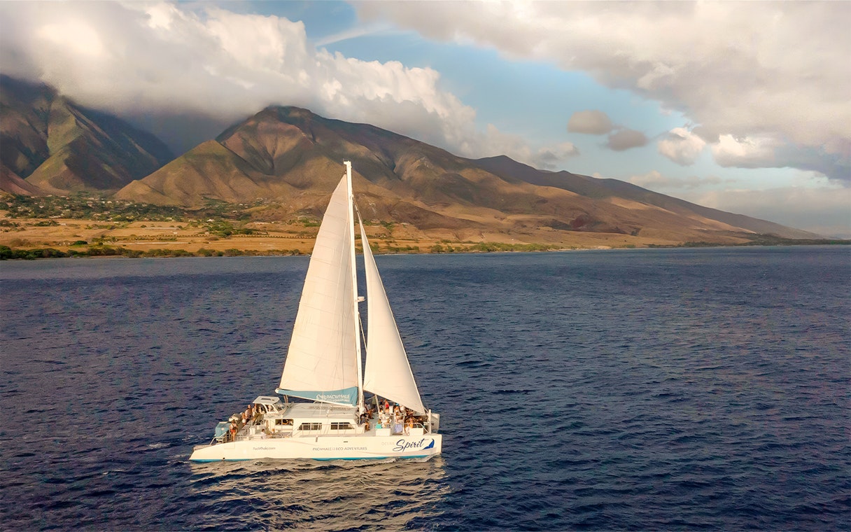 Sailboat on a sunset whale watching tour near Maui, Hawaii with mountains in the background.