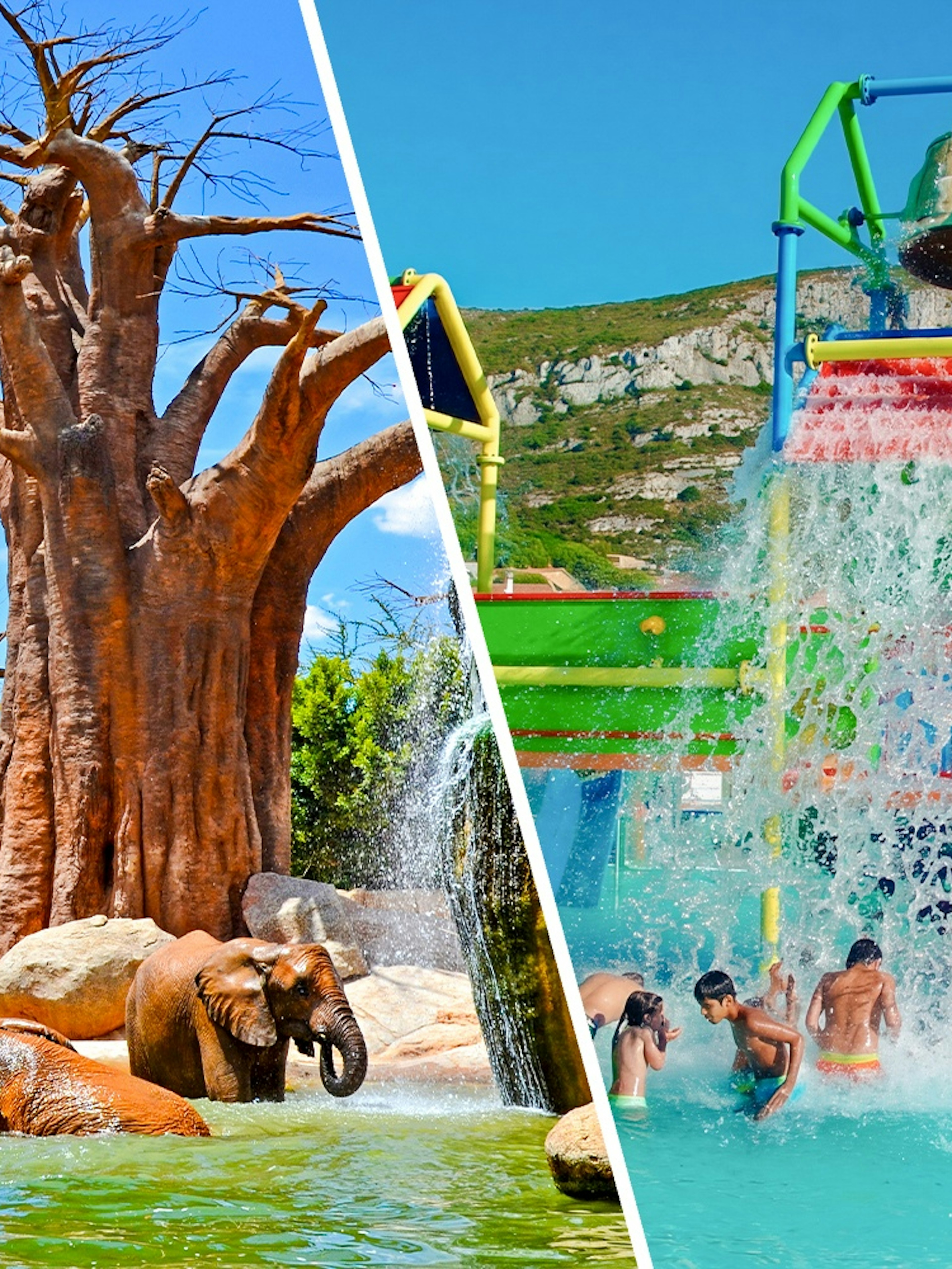 Children playing under water bucket at Aquopolis Cullera mini park.