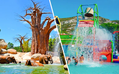 Children playing under water bucket at Aquopolis Cullera mini park.