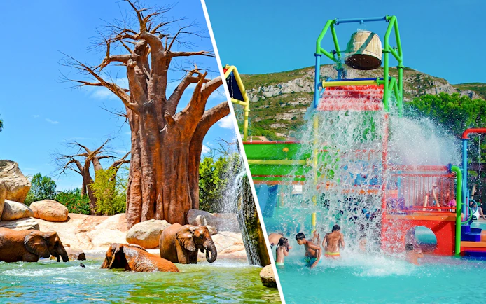 Children playing under water bucket at Aquopolis Cullera mini park.