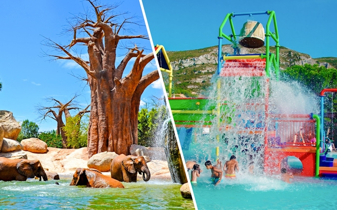Children playing under water bucket at Aquopolis Cullera mini park.