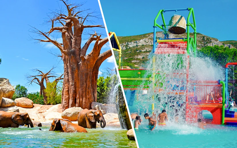 Children playing under water bucket at Aquopolis Cullera mini park.