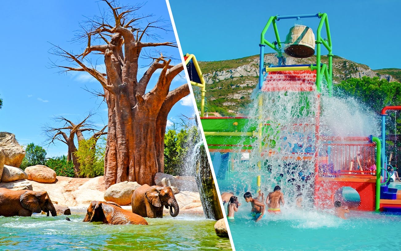 Children playing under water bucket at Aquopolis Cullera mini park.