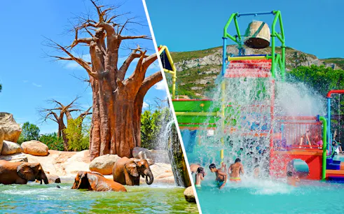 Children playing under water bucket at Aquopolis Cullera mini park.