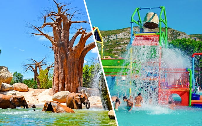 Children playing under water bucket at Aquopolis Cullera mini park.