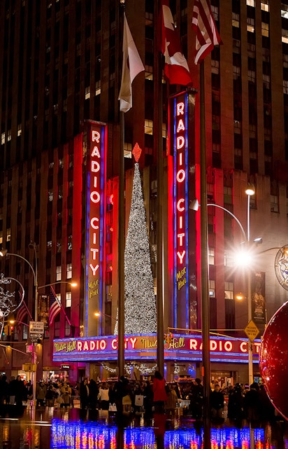 Broadway's Richard Rodgers Theatre with Hamilton marquee in New York City.
