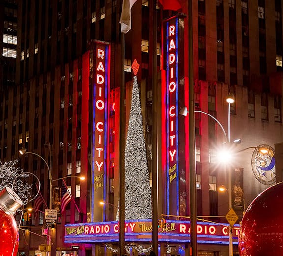 Broadway's Richard Rodgers Theatre with Hamilton marquee in New York City.