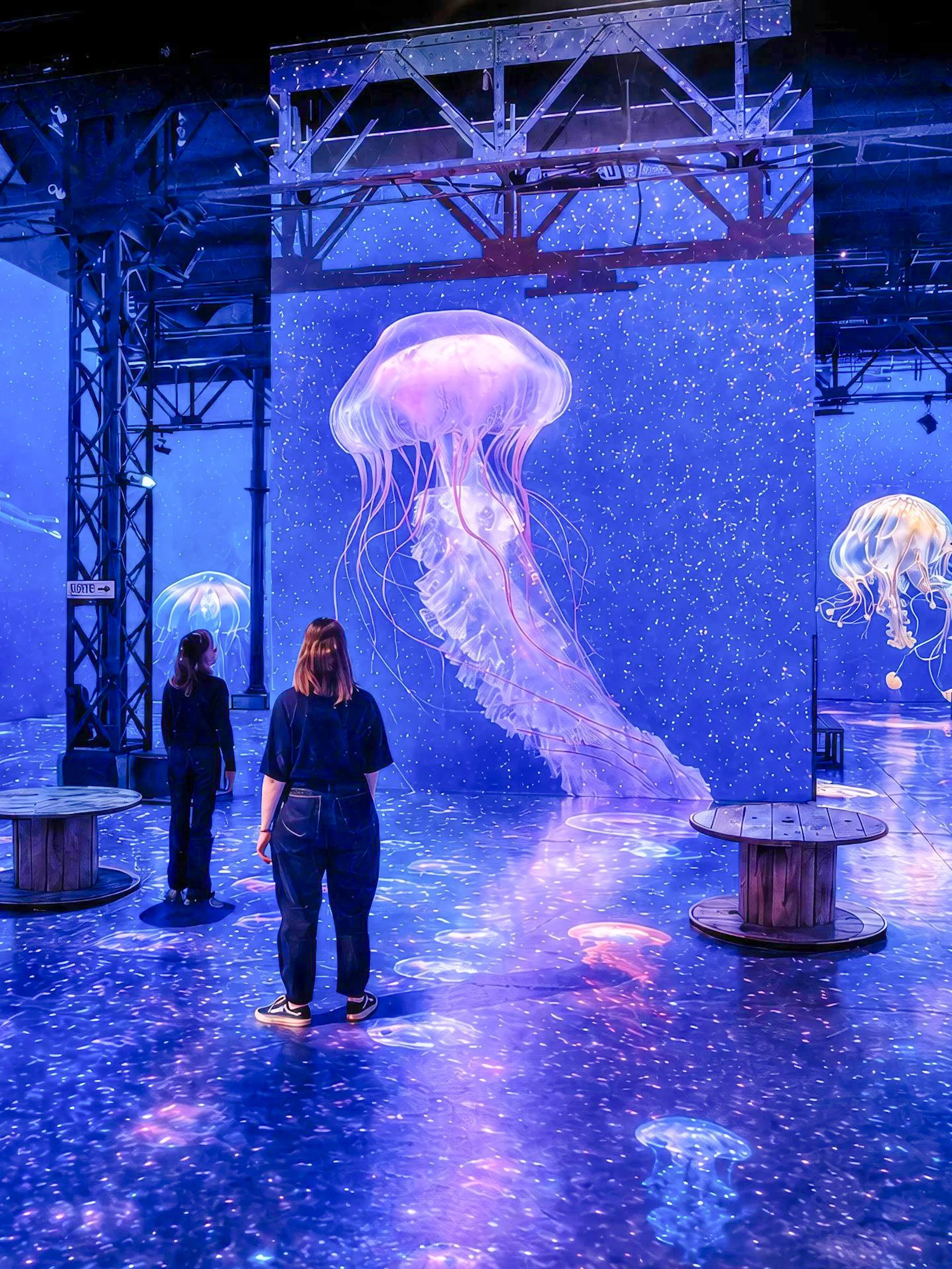 Visitors exploring jellyfish projections at Atelier des Lumières Planète Océan exhibition.