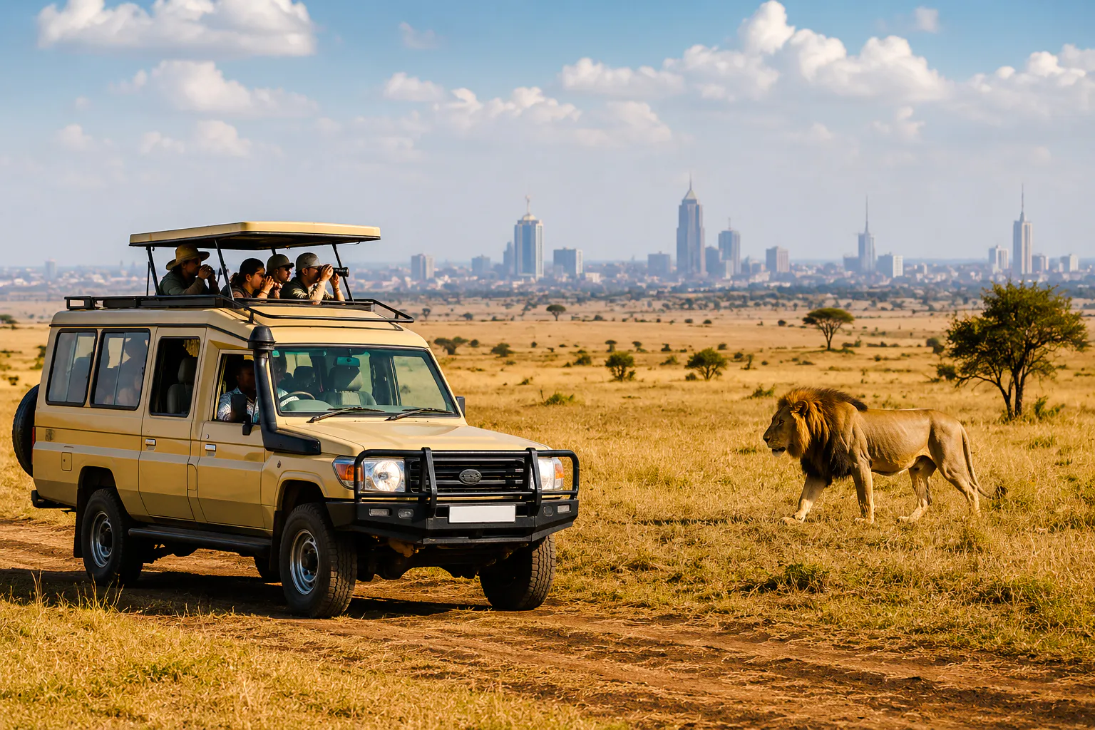 Safari vehicle with tourists observing a lion at Nairobi National Park, city skyline in background.